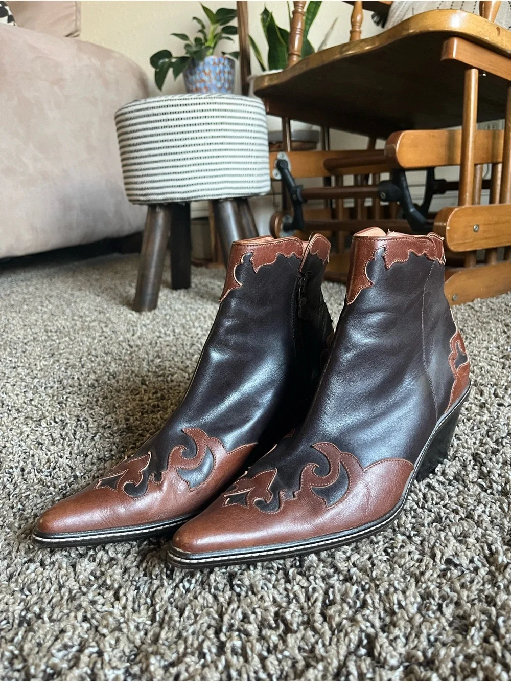 Two-Tone Western Ankle Boots - Brown & Dark Brown